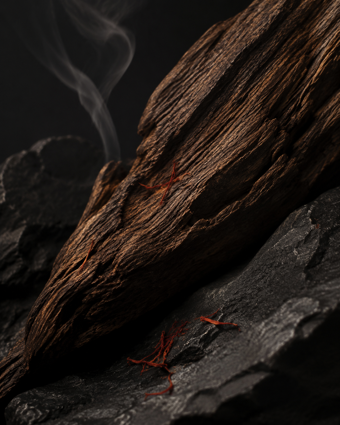 Dark oud wood, saffron and smoke on black stone