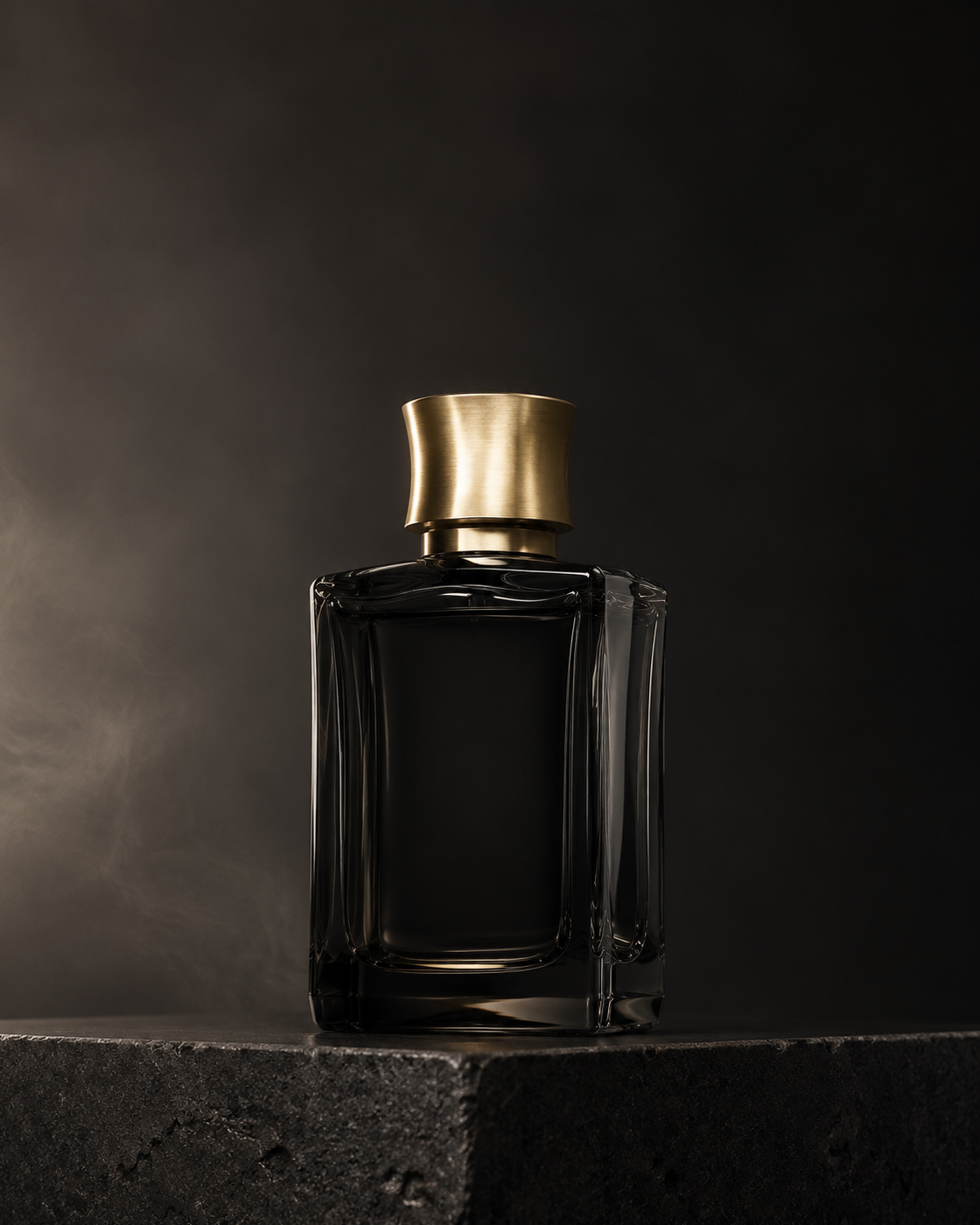 A sculptural black fragrance bottle with a brushed gold cap