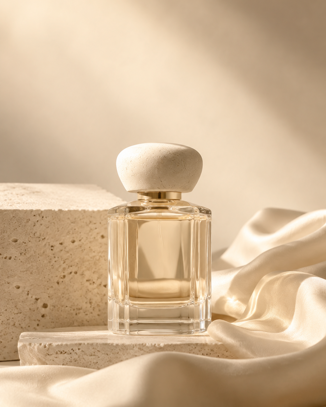 A clear fragrance bottle on ivory stone and silk
